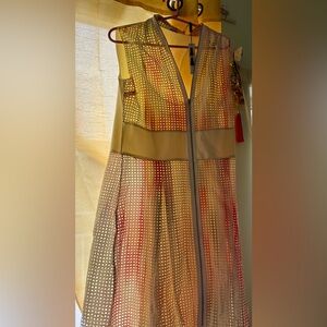 Elie Tahari Beige and Red Long Sleeve Dress